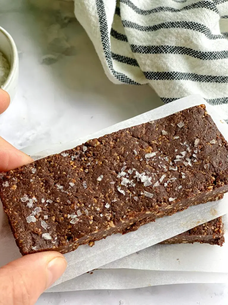 Homemade Chocolate Sea Salt RxBar in fingers