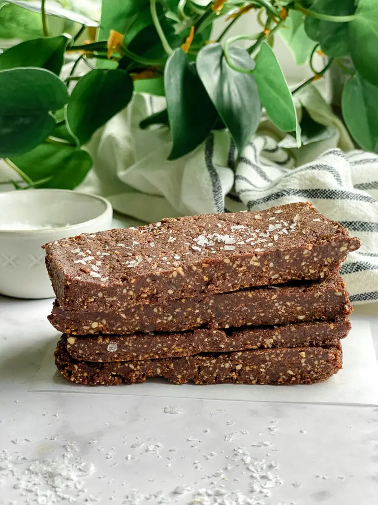 Homemade Chocolate Sea Salt RxBar on table with bowl of salt, plant in background and napkin 