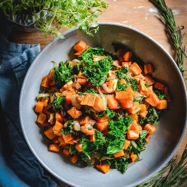 Roasted Sweet Potatoes with Kale and Caramelized Onions