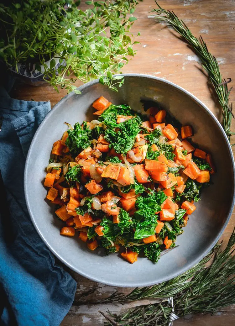 The BEST Roasted Sweet Potatoes with Kale and Caramelized Onions - Calm Eats