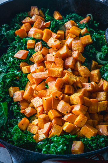 Sweet Potatoes with Kale and Caramelized Onions - Calm Eats