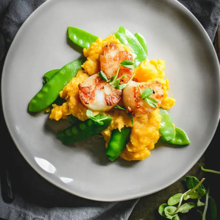 Scallops With Butternut Squash Puree And Snow Peas