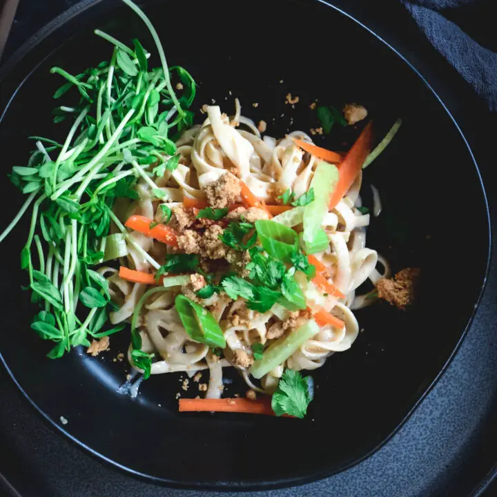 Rutabaga Noodles with Tahini Sauce and Cashew Crumble