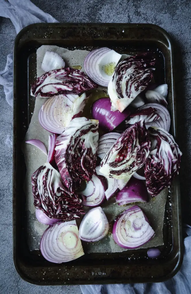 red lettuce on a roasting tray