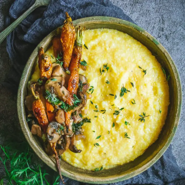 Polenta with Mushrooms, Kale and Roasted Carrots