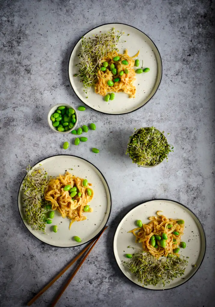 These quick Paleo “Peanut” Noodles are made from rutabaga and are surprisingly similar to actual noodles. They work beautifully with the cashew and tahini sauce to create a creamy vegan and paleo recipe. Check out this 10 minute recipe! #calmeats #vegan #paleo #whole30 #paleopeanutnoodles #peanutnoodles #paleorecipes #grainfreenoodles #glutenfree #dairyfree #rutabaganoodles #tahinisauce