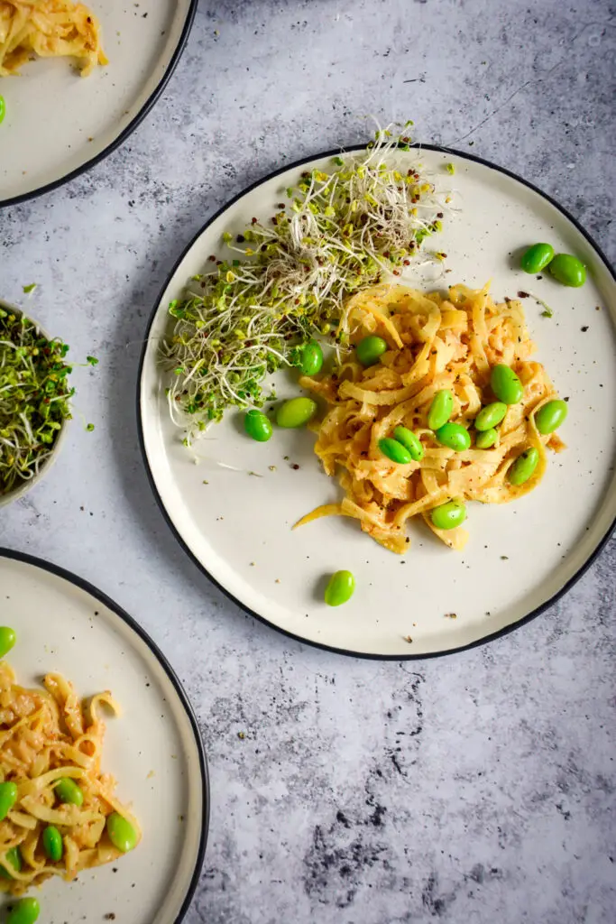 These quick Paleo “Peanut” Noodles are made from rutabaga and are surprisingly similar to actual noodles. They work beautifully with the cashew and tahini sauce to create a creamy vegan and paleo recipe. Check out this 10 minute recipe! #calmeats #vegan #paleo #whole30 #paleopeanutnoodles #peanutnoodles #paleorecipes #grainfreenoodles #glutenfree #dairyfree #rutabaganoodles #tahinisauce