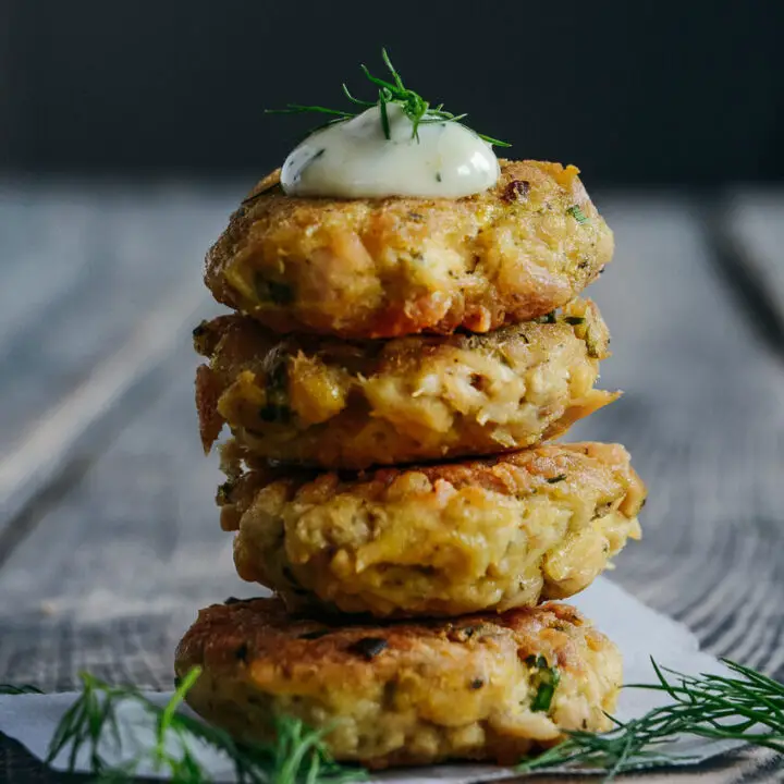 Tuna Chickpea Appetizer Bites with Lemon Caper Mayo stacked