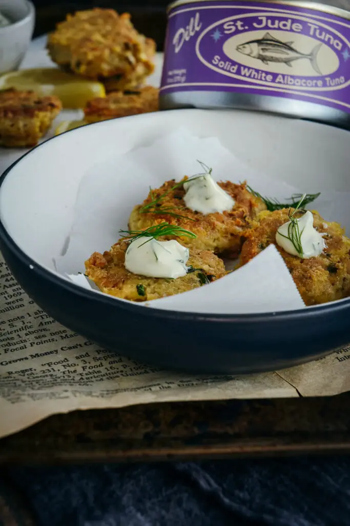 Tuna and Chickpea bites on plate with lemon dill mayo and St. Jude canned tuna, 