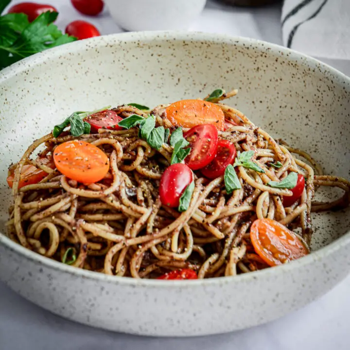 Spaghetti with Olive Tapenade, Tomatoes, and Herbs