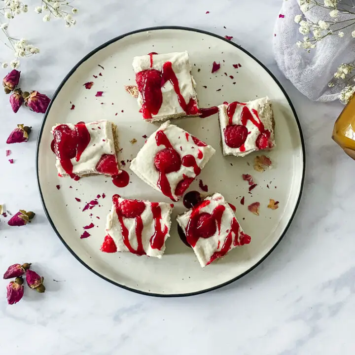 Raspberry Cheesecake Bites with Rose Cardamom Honey