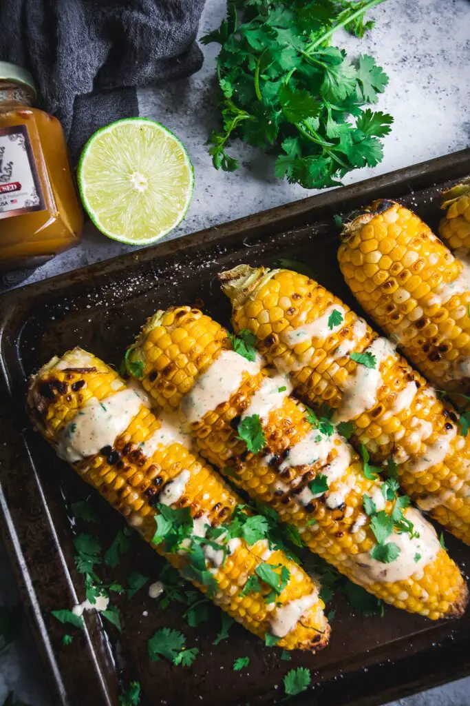 Grilled Corn with Spicy Habanero Honey Mayo - Calm Eats