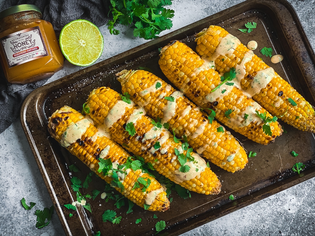 Grilled Corn with Spicy Habanero Honey Mayo - Calm Eats