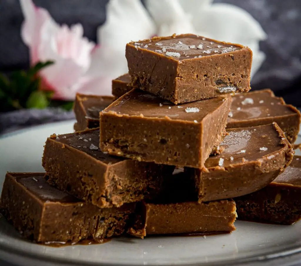 Vegan chocolate fudge on plate, sprinkled with salt