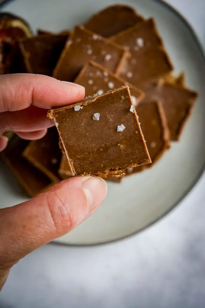 Chocolate fudge in hand, covered with salt