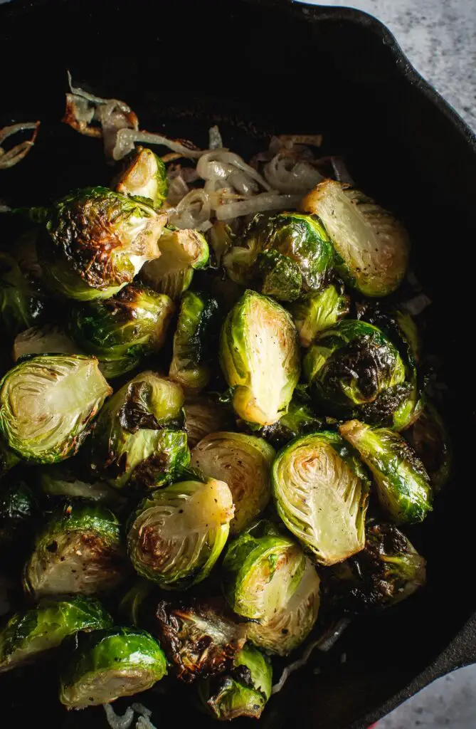 Balsamic Roasted Brussels spouts in pan