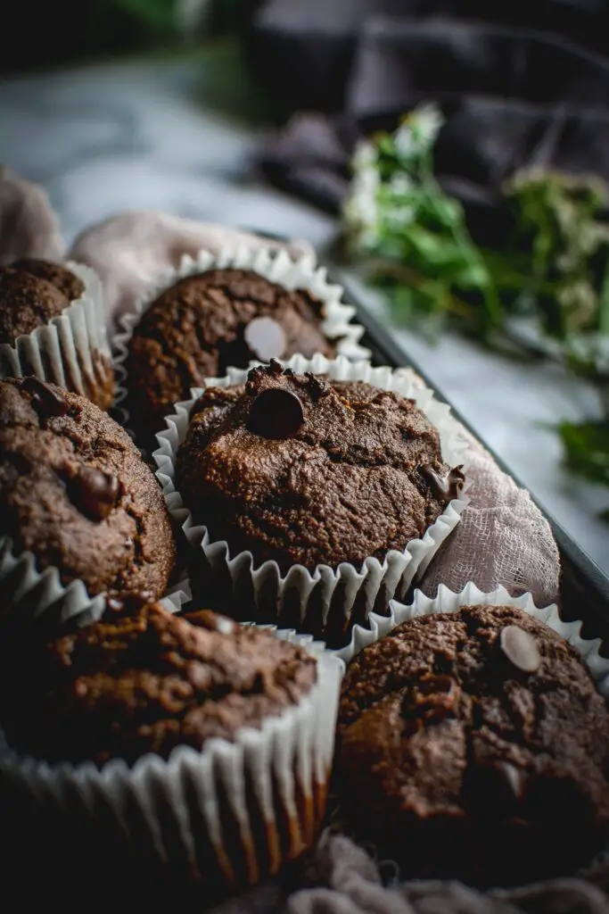 Grain Free Double Chocolate Muffins stacked 