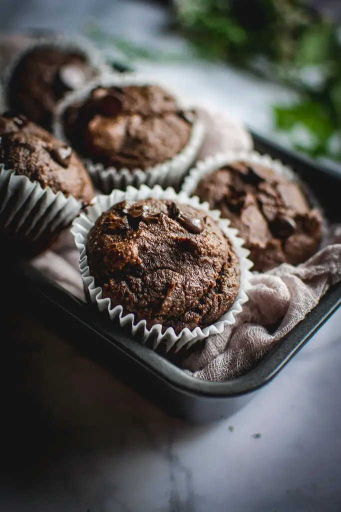 Grain Free Double Chocolate Muffins in tin
