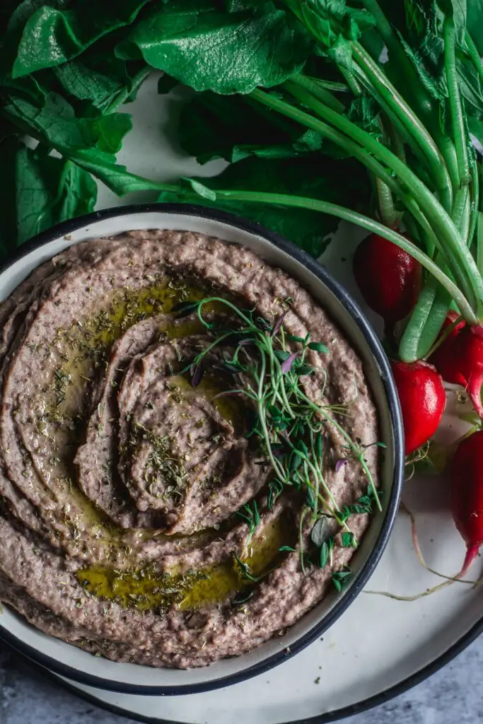 adzuki bean hummus with radishes on plate