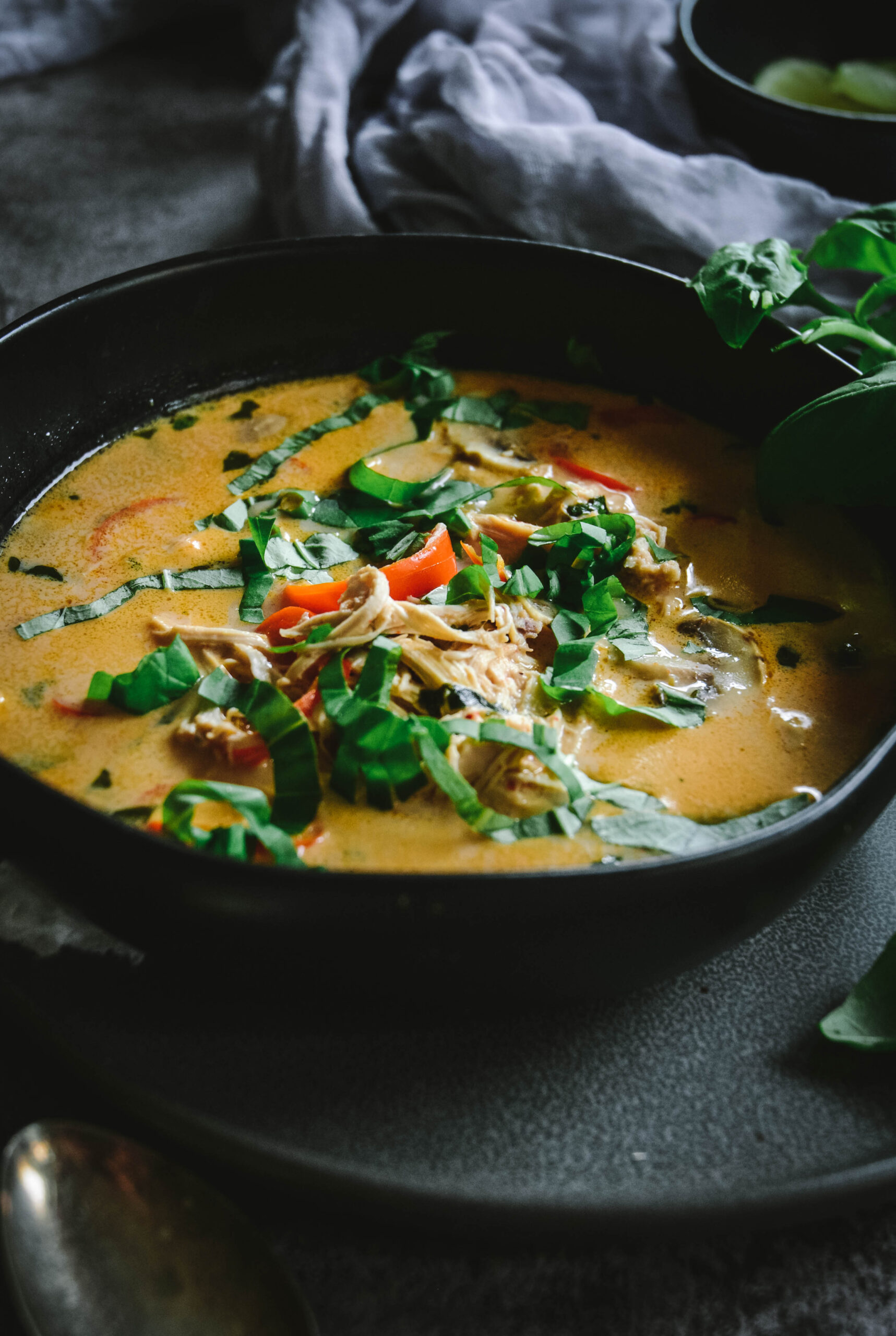 Low-Carb Thai Coconut Chicken Soup with Lemongrass in black bowl