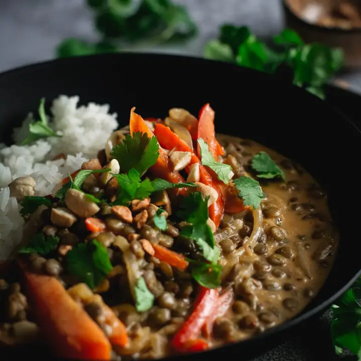 Peanut Lentil Curry in black bowl with red pepper rice, cilantro and crushed peanuts