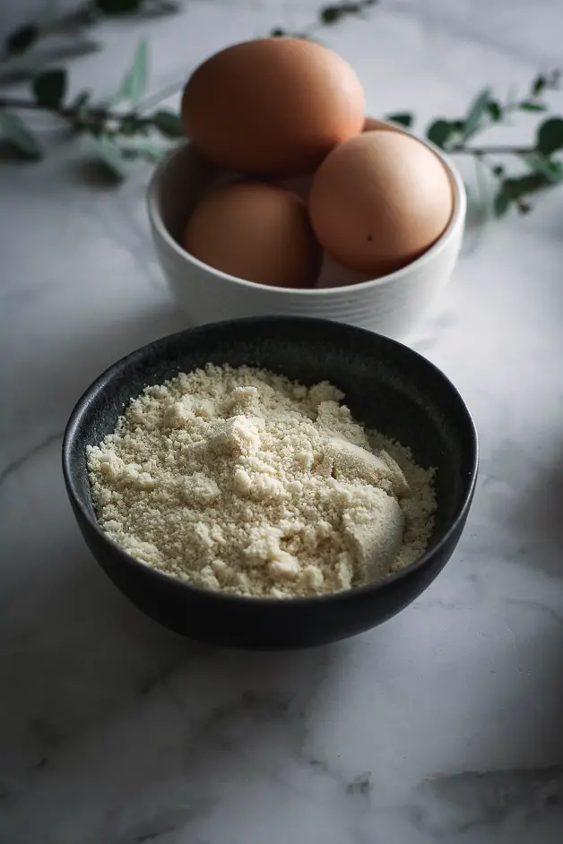 coconut flour in bowl and eggs in bowl