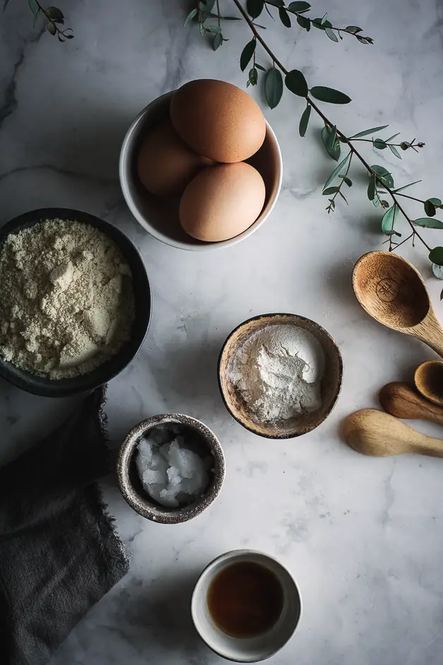 small bowl of eggs, bowls of flour, eucalyptus branch and wooden spoons