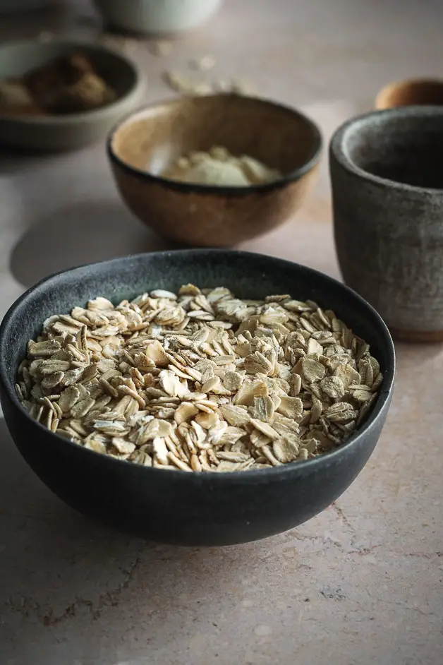 blue bowl of rolled oats
