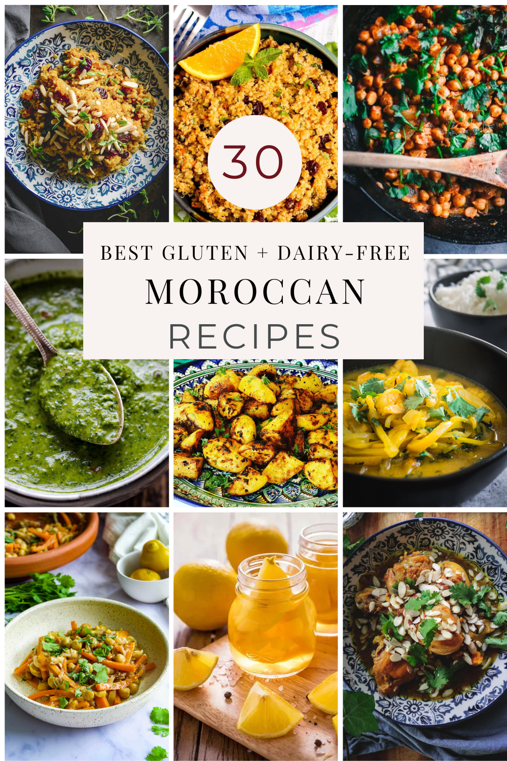 a compilation of 12 smaller images of various Moroccan recipes with text overlay
