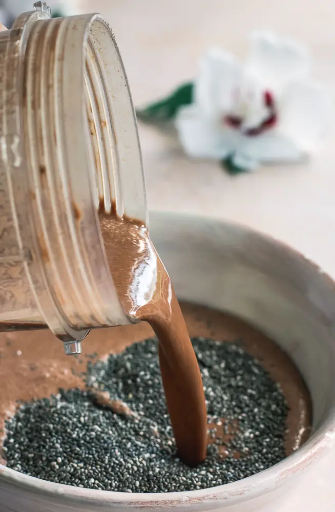 brown chocolate liquid being poured into a bowl with chia seeds