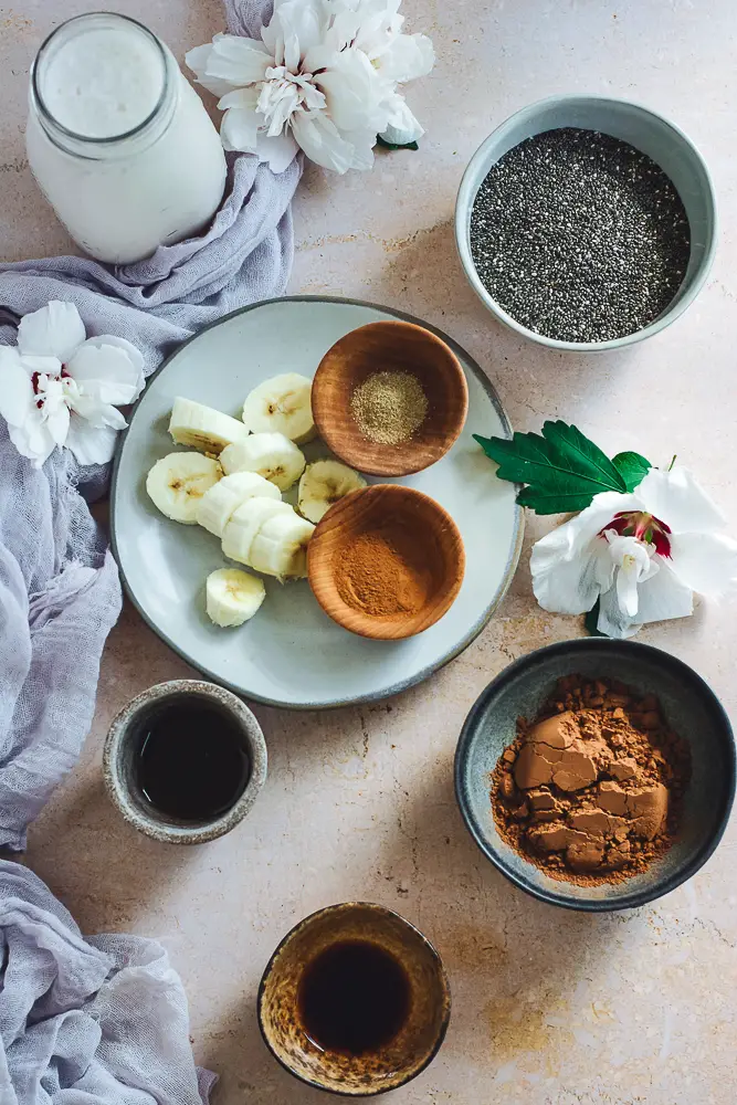 a container with milk, a jar with chia seeds, a plate with spices and sliced bananas, a bowl with liquid, one with brown cacao powder