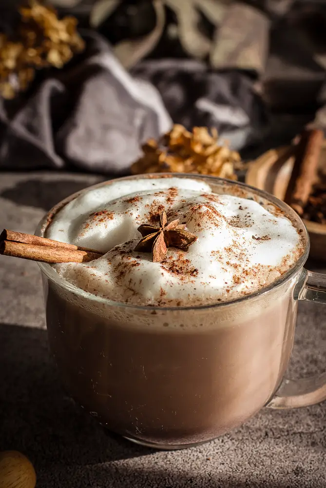 chocolate drink in a clear mug with froth on top, star anise and a cinnamon stick. 