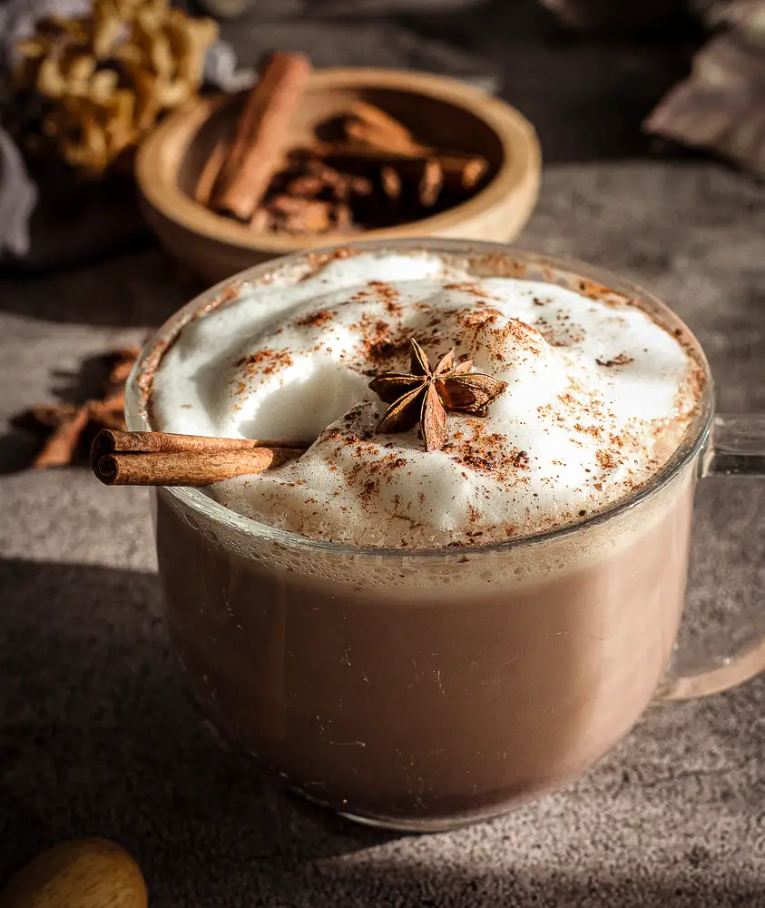 chocolate drink in a clear mug with froth on top, star anise and a cinnamon stick. 