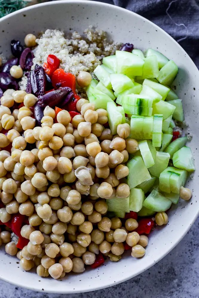 chickpeas and cucumbers in a bowl