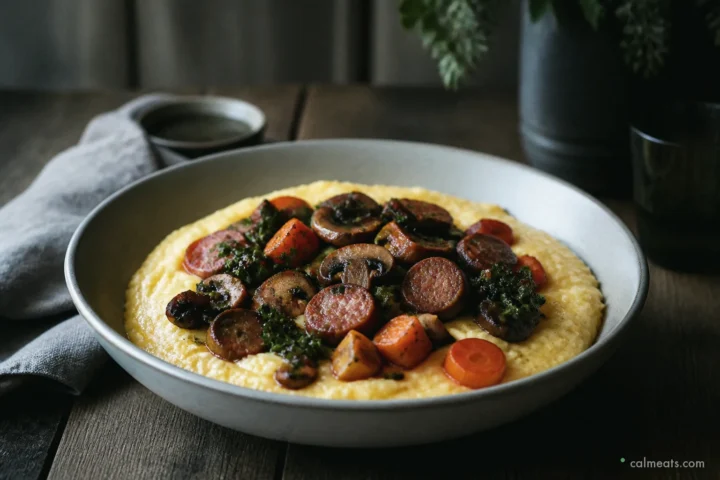 Mushroom Polenta with Sausage and Roasted Carrots