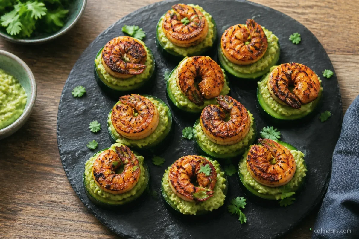 Shrimp cucumber bites with guacamole and Cajun shrimp